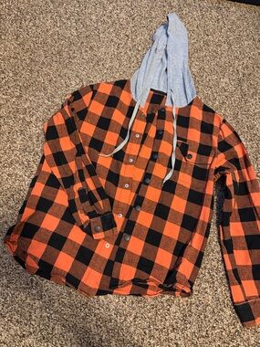 Orange and Black Buffalo Plaid Hooded Flannel Shirt